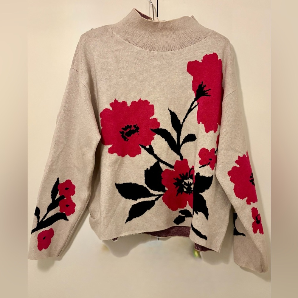 Maeve for Anthropologie Carys Sweater- Beige, Black & Hot Pink Floral
